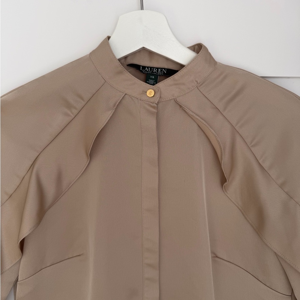 Lauren Ralph Lauren Beige Mandarin-Collar Ruffle Blouse